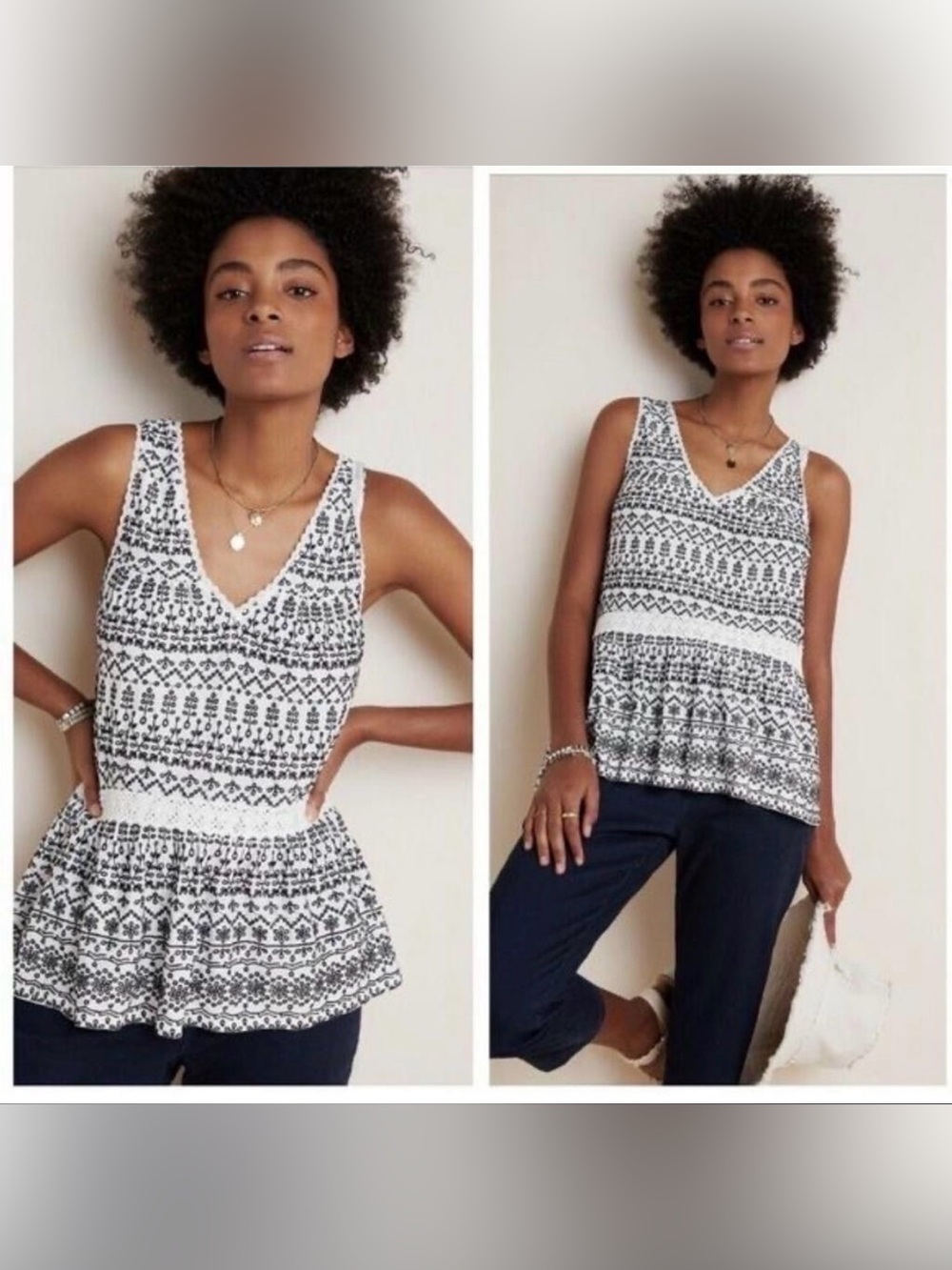 Anthropologie White Tank Top with Black Floral Embroidery
